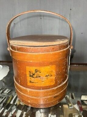 Early American Primitive Wooden  Banded Firkin Sugar Bucket w/Handle & Lid